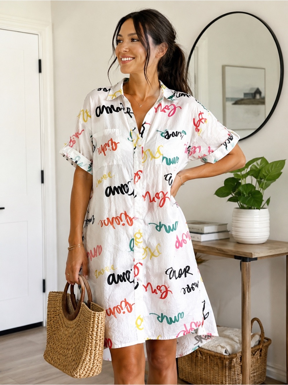 New York & Company Colorful Script Print Cotton Shirt Dress Size L